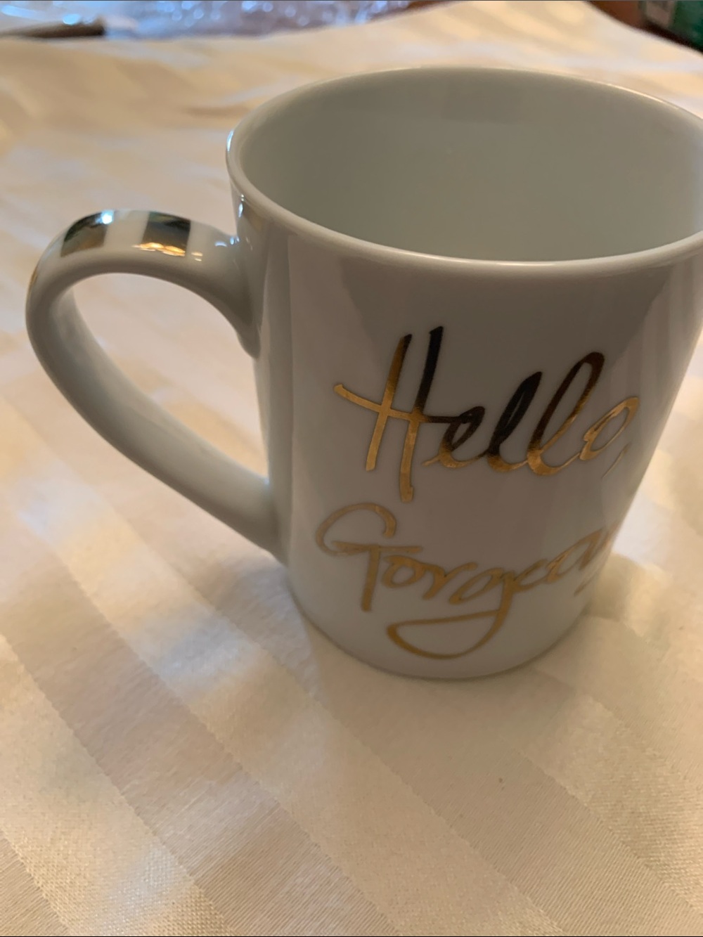 “Hello Gorgeous” White Ceramic Mug with Gold Script